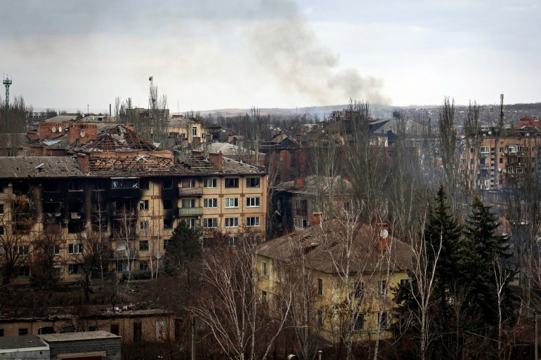 A view of the town of Bakhmut on smoke