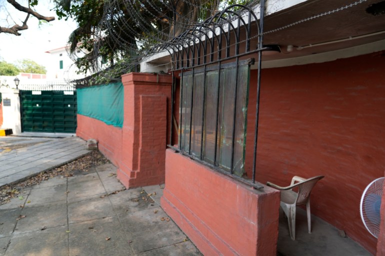 An abandoned security post outside the residence of the British Ambassador after temporary security barricades were removed in New Delhi