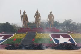 Myanmar military tanks are driven during a parade to commemorate Myanmar’s 78th Armed Forces Day in Naypyitaw, Myanmar, Monday, March 27, 2023. (AP Photo/Aung Shine Oo)