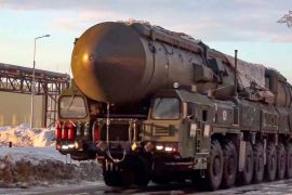 A Yars missile launcher is driven in an undisclosed location in Russia in this image released by Russia&#39;s defence ministry. The Russian military on March 29, 2023 launched drills of its strategic missile forces, deploying Yars mobile launchers in Siberia [Russian Defence Ministry Press Service via AP]