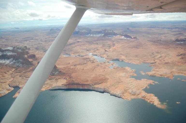 A view over Lake Powell, the second-largest reservoir in the United States, in Page, Arizona