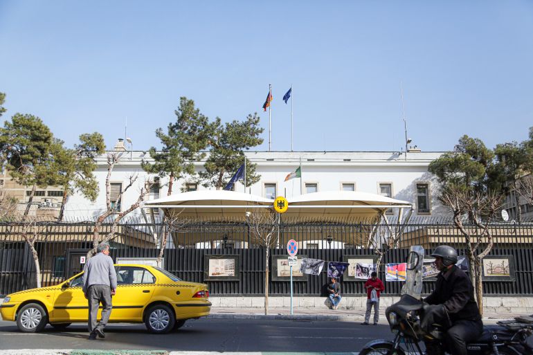 TEHRAN, IRAN - FEBRUARY 22: A view of German Embassy in Tehran, Iran on February 22, 2023. Germany declared two Iranian diplomats persona non grata in response to Tehranâs death sentence to German-Iranian dissident Jamshid Sharmahd. German Foreign Minister Annalena Baerbock slammed Iranian courtâs decision, and said the Iranian embassyâs charge d'affaires was summoned to the ministry to condemn the decision.