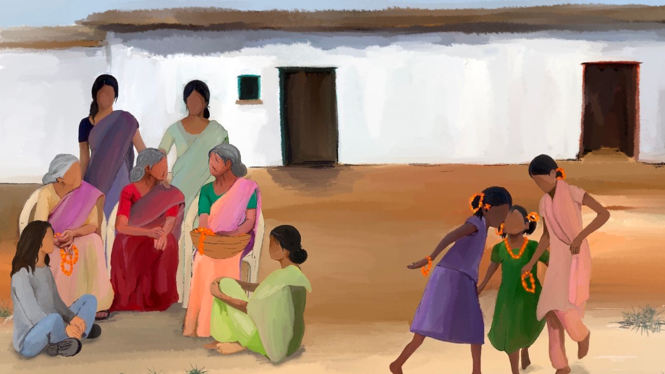 An illustration of a group of middle-aged and elderly women sit and stand and speak while three girls with flower garlands play in a village in Tamil Nadu