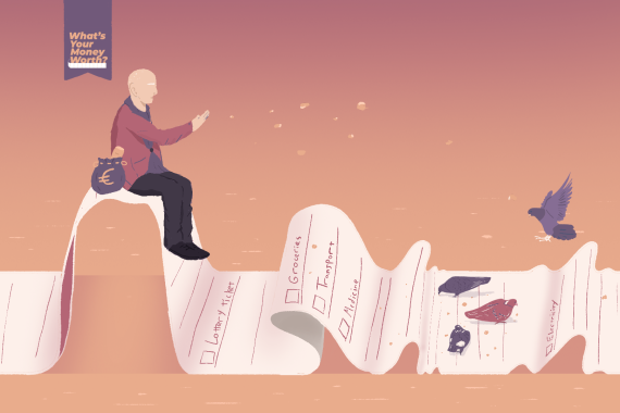 An illustration of a person sitting on top of a long receipt feeding some bird in front of them.