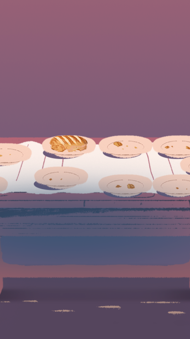 An illustration of a woman standing behind a table that has a large receipt as a table cloth with 9 empty plates apart from one that has a sandwich on it.