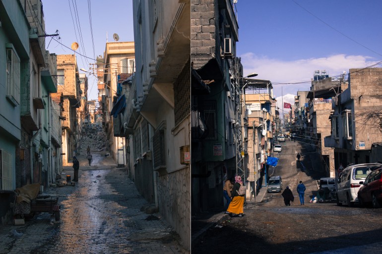 Composition image of two photos of Gaziantep streets showing damage.