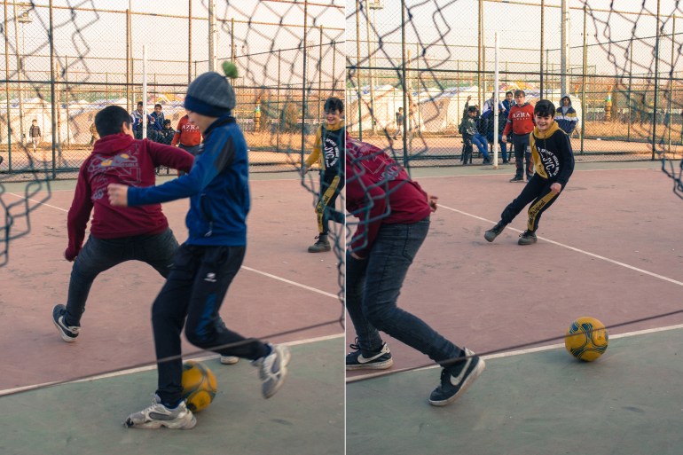 Composite image of two photos of kids playing football in Gazikent.