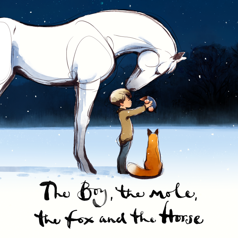 A graphic with a boy holding up a mole, surrounded by a horse and a fox on a wintery landscape