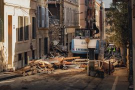 The site of an explosion leading to the collapse of at least one building in Marseille, France, 09 April 2023. Several people were injured, according to the police and the cause is still unknown. Rescuer are still searching for missing people.