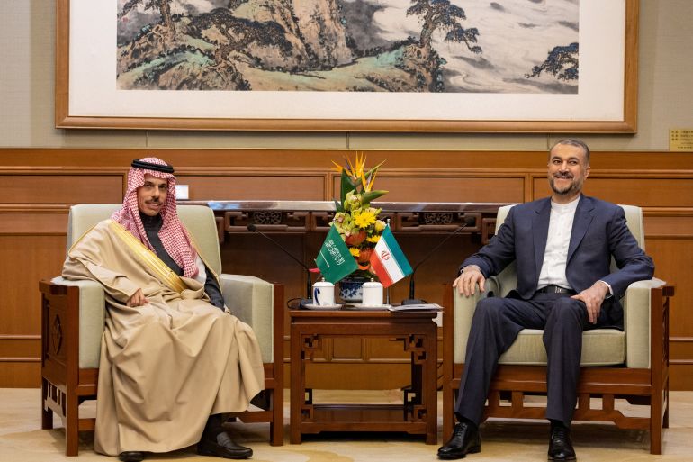 Iranian Foreign Minister Hossein Amir-Abdollahian meets with Saudi Arabia's Foreign Minister Prince Faisal bin Farhan Al Saud in Beijing, China, April 6, 2023. Saudi Press Agency/Handout via REUTERS ATTENTION EDITORS - THIS PICTURE WAS PROVIDED BY A THIRD PARTY