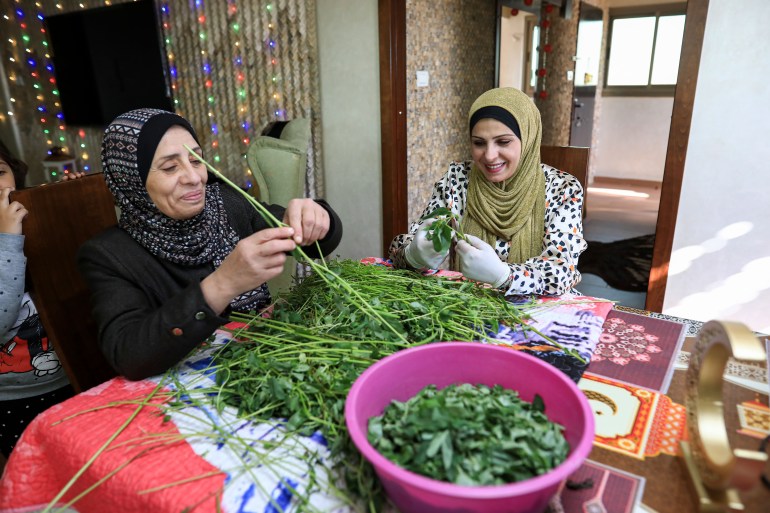 Siham and her mother spend a few hours picking the leaves and cleaning them