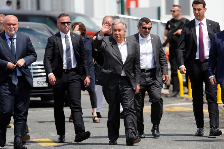 UN Secretary-General Antonio Guterres arrives at Zeyport to sail to a ship carrying Ukrainian grain, in Istanbul