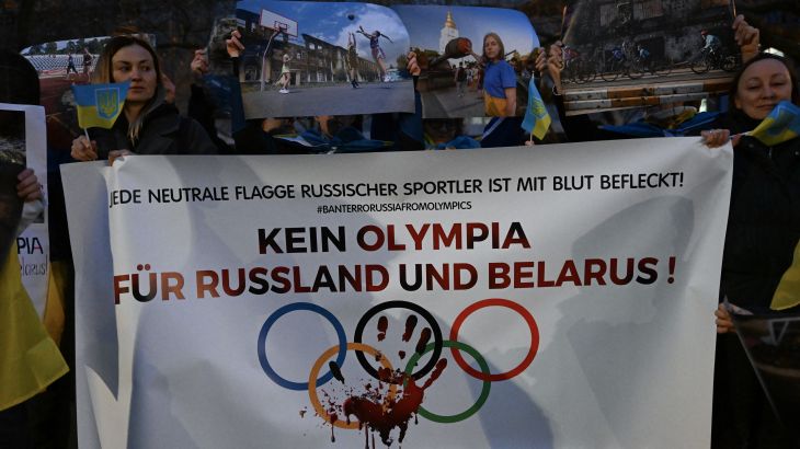 Ukrainian refugees protest against any participation of Russian and Belarusian athletes at the Paris 2024 Olympic Games