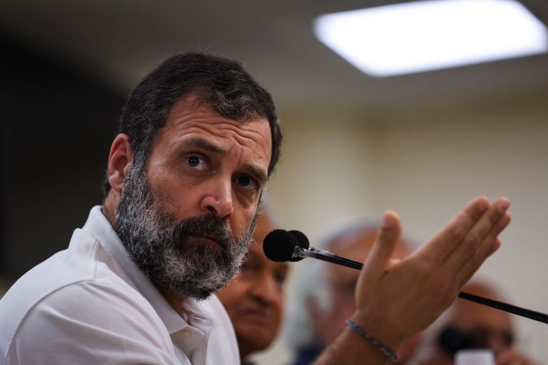 India's main opposition Congress party’s leader Rahul Gandhi holds a news conference, after he was disqualified as a lawmaker by India's parliament on Friday, at party’s headquarter in New Delhi, India, March 25, 2023