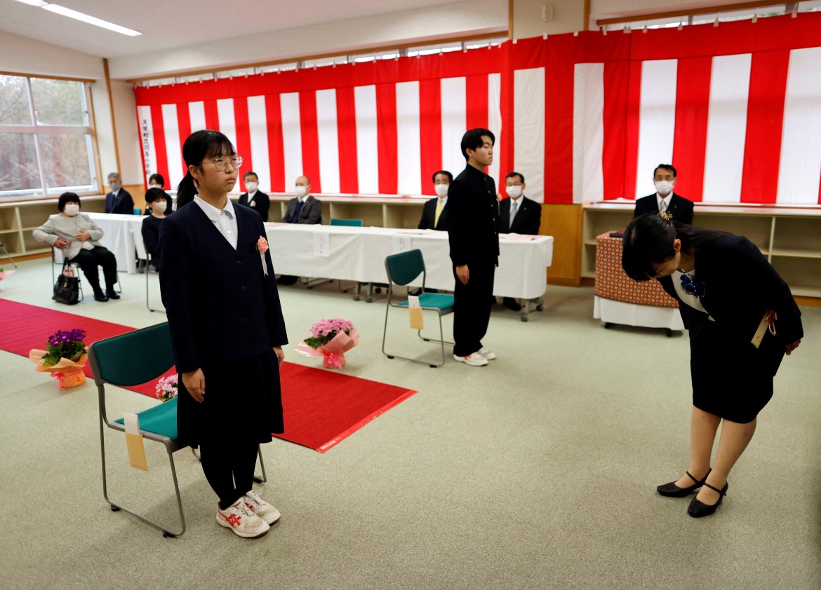 Eita Sato, 15, and Aoi Hoshi, 15, the only two students at Yumoto Junior High School