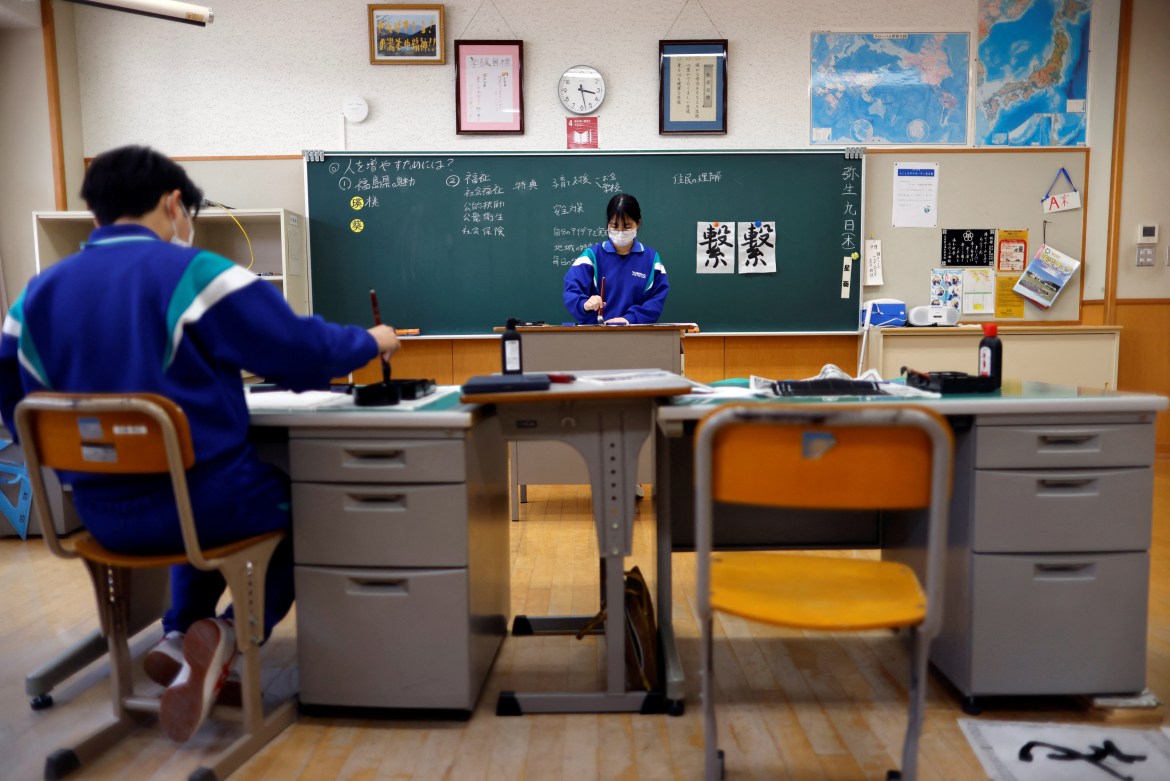 Eita Sato, 15, and Aoi Hoshi, 15, the only two students at Yumoto Junior High School