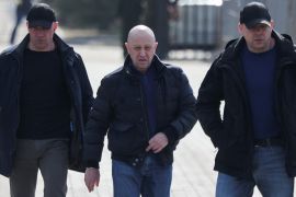 Founder of Wagner private mercenary group Yevgeny Prigozhin leaves a cemetery before the funeral of Russian military blogger Maxim Fomin widely known by the name of Vladlen Tatarsky