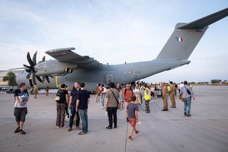An aircraft from the French Air Force, which picked up evacuees of different nationalities from Sudan, arrives in Djibouti