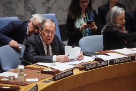 Russian Foreign Minister Sergey Lavrov chairs a meeting of the United Nations Security Council.