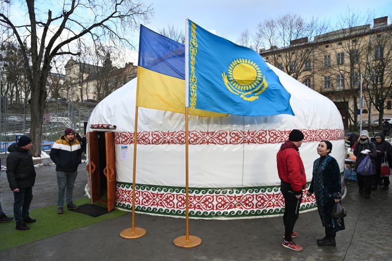People attend in a "Yurt of Invincibility", organised by representatives of the Kazakh diaspora in Ukraine, during it opening in the centre of western Ukrainian city of Lviv