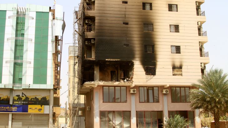 This image shows a building damaged during battles between the forces of two rival Sudanese generals in the southern part of Khartoum, Sudan.