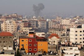 Smoke rises after Israeli airstrikes on a Hamas military camp in Gaza City