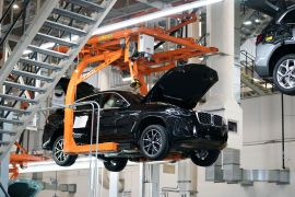 Cars move on the assembly line at the BMW Spartanburg plant in Greer, S.C., US