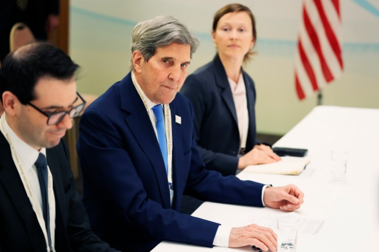 U.S. Special Presidential Envoy for Climate John Kerry listens to a reporter's question before his bilateral meeting with Japan's Environment Minister Akihiro Nishimura held during the G-7 ministers' meeting on climate, energy and environment in Sapporo, northern Japan, Saturday, April 15, 2023