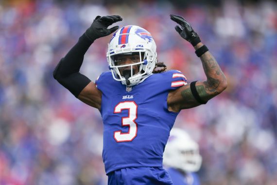 Buffalo Bills safety Damar Hamlin reacts after a play during the first half of the team's NFL football game against the Pittsburgh Steelers on Oct. 9, 2022