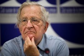 Noam Chomsky, US linguist and political critic, gestures during a talk at the press club in Geneva