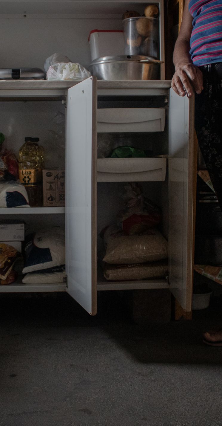A photo of Mariele revealing the cupboard that she uses to keep food.