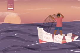 An illustration of a man on a boat made of a paper receipt throwing a net into the ocean.