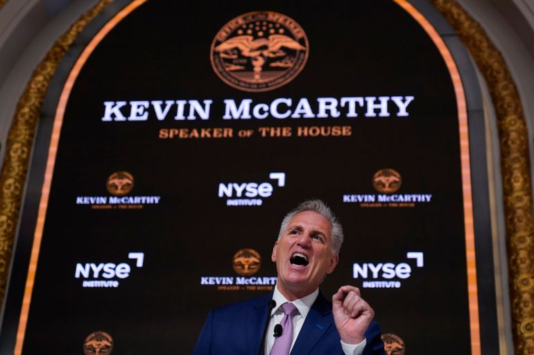 Republican House Speaker Kevin McCarthy delivers a speech at the New York Stock Exchange