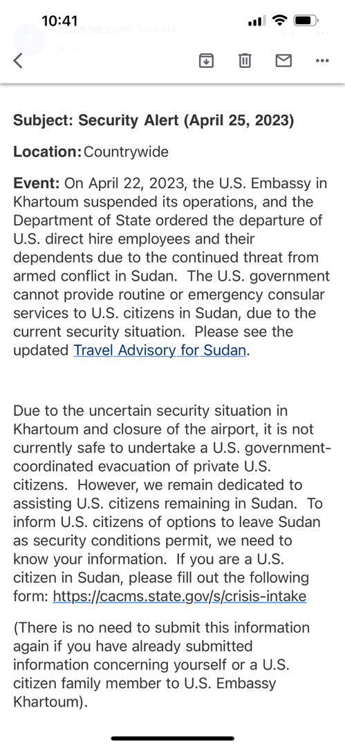The automated message Elamin received from the US embassy in Sudan