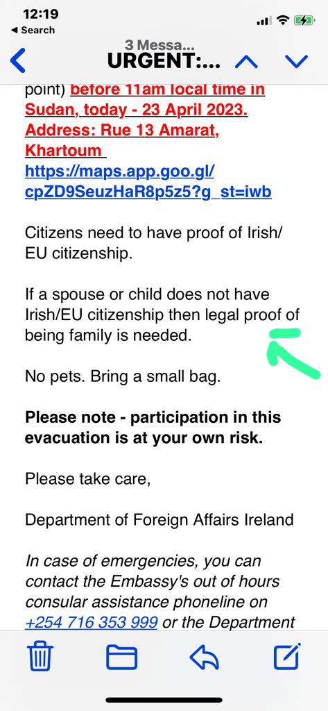 A screenshot of a message Lubna received from the Department of Foreign Affairs Ireland