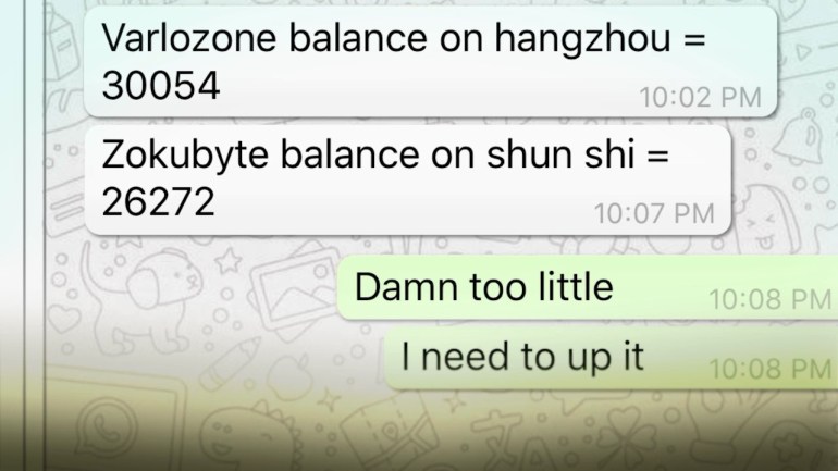A scsreenshot of a Whatsapp conversation showing how money was laundered through Zokubyte and Varlozone.