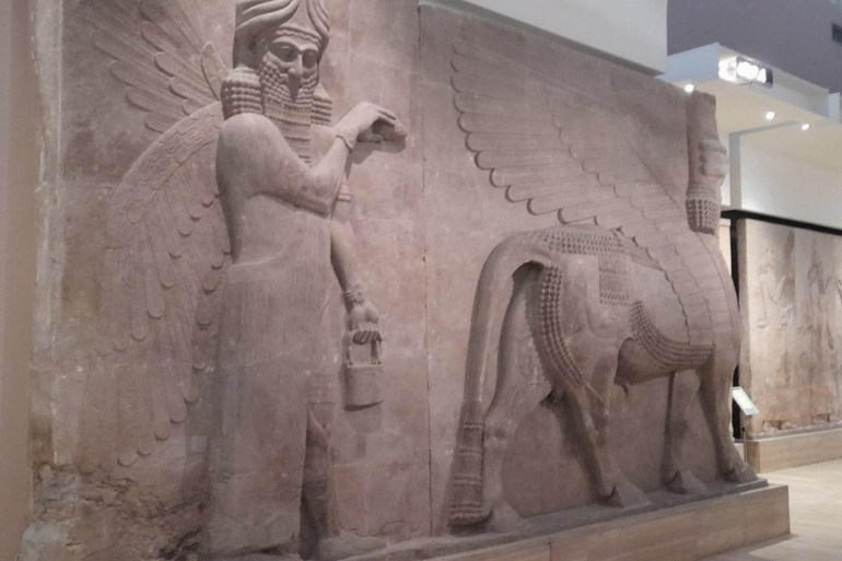A depiction of the winged bull, or Lamassu, from the Assyrian civilisation