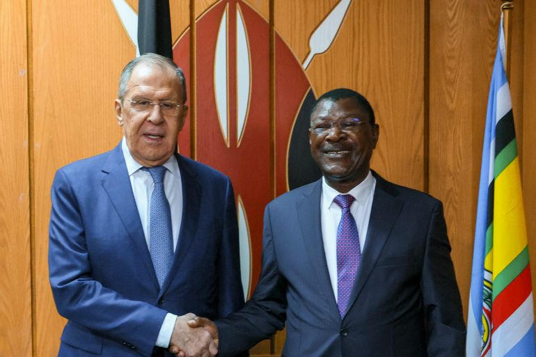 Russian Foreign Minister Sergey Lavrov (L) shakes hands with Speaker of the National Assembly of Kenya and leader of the FORD-Kenya party Moses Wetangula (R) during their meeting in Nairobi, Kenya, 29 May 2023 [EPA]