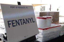 Packets of fentanyl mostly in powder form seized at the US-Mexico border is on display during a news conference at the Port of Nogales, Arizona on January 31, 2019 [File: Reuters]