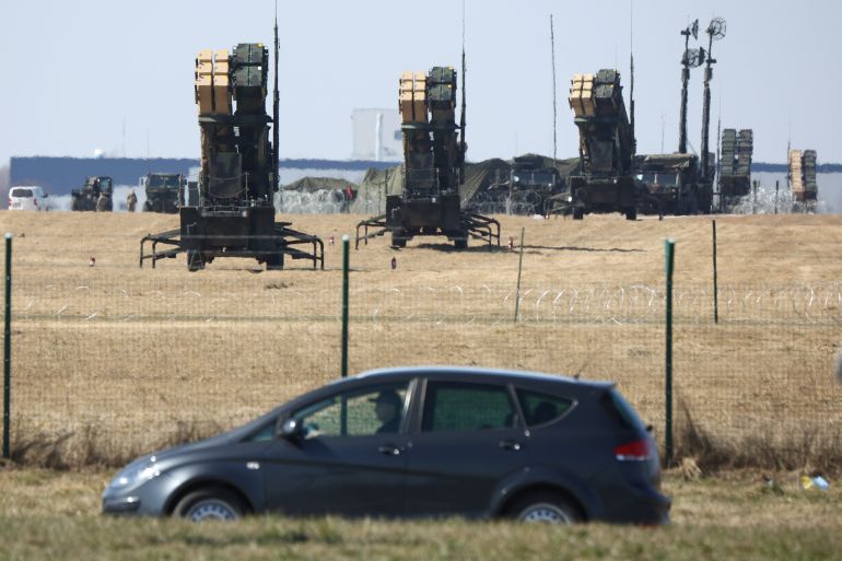 U.S. Army MIM-104 Patriots, surface-to-air missile (SAM) system launchers, are pictured at Rzeszow-Jasionka Airport, amid Russia's invasion of Ukraine, Poland March 24, 2022. REUTERS/Stringer POLAND OUT. NO COMMERCIAL OR EDITORIAL SALES IN POLAND 