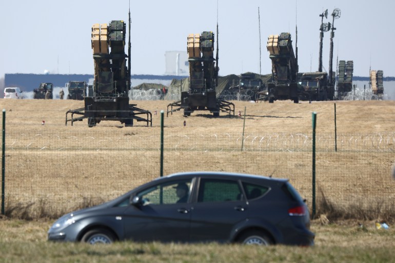 US Army MIM-104 Patriots, surface-to-air missile (SAM) system launchers, are pictured at Rzeszow-Jasionka Airport, Poland March 24, 2022, amid Russia's invasion of Ukraine.