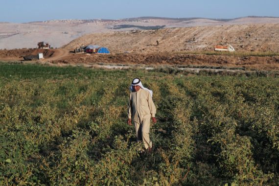 Syrian farmer and Mayor of Balaa Mezlef al-Mezlef, walks inside a field near the dried out Balaa Dam in rebel-held Idlib countryside, Syria