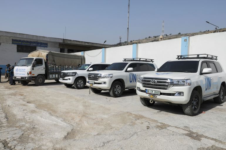 U.N. vehicles park outside a hospital supported by Syrian American Medical Society (SAMS)