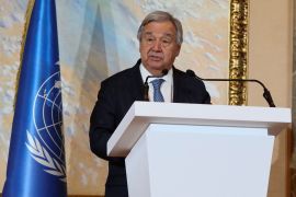 United Nations Secretary General, Antonio Guterres, delivers a press statement to reporters after a meeting of envoys from more than 20 countries on Afghanistan in Doha, Qatar