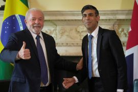 Brazil President Luiz Inacio Lula da Silva gives a thumbs up as he meets British Prime Minister Rishi Sunak in London, UK