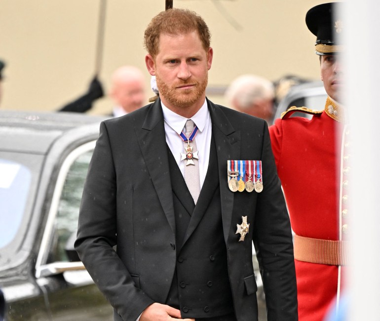 Prince Harry arrives for the coronation of King Charles at Westminster Abbey, London, the UK.