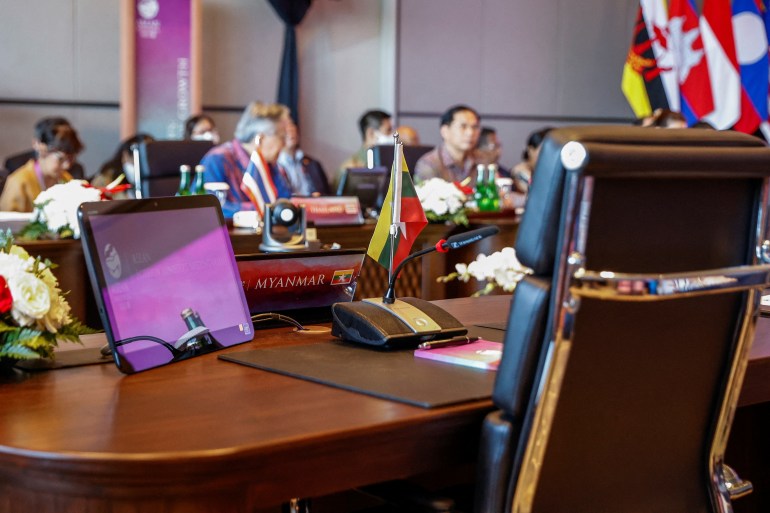 A view of the meeting room at the Asean summit in Indonesia showing Myanmar's empty chair