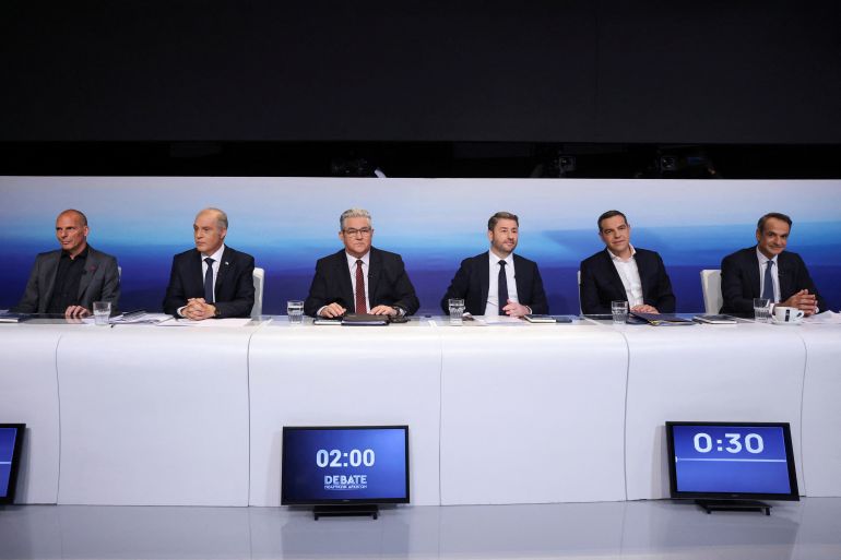 Greek Prime Minister and conservative New Democracy party leader Kyriakos Mitsotakis, leftist Syriza party leader Alexis Tsipras, PASOK Socialist party leader Nikos Androulakis, Secretary General of the Greek Communist Party Dimitris Koutsoubas, leader of MeRA25 party Yanis Varoufakis and leader of far-right Elliniki Lysi (Hellenic Solution) party Kyriakos Velopoulos, take part in a televised debate at the headquarters of the state broadcaster ERT, in Athens, Greece, May 10, 2023