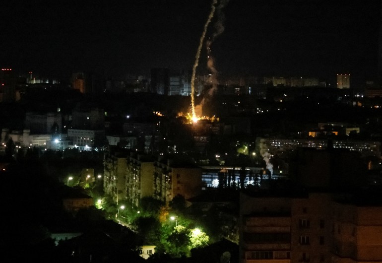 An explosion of a missile is seen in the city during a Russian missile strike, amid Russia's attack on Ukraine, in Kyiv, Ukraine May 16, 2023. REUTERS/Gleb Garanich