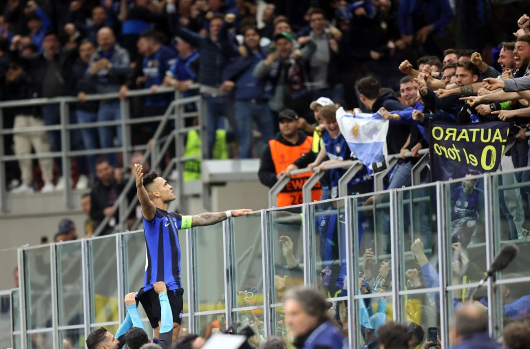  Inter Milan's Lautaro Martinez celebrates scoring with the fans